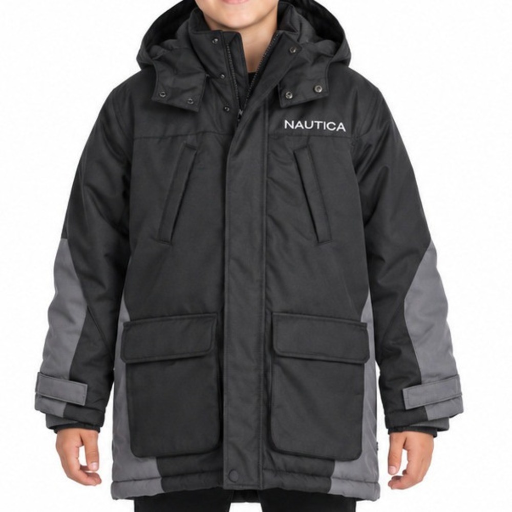 Nautica Boys Black Grey Hooded Puffer Parka Winter Coat Size M 10/12